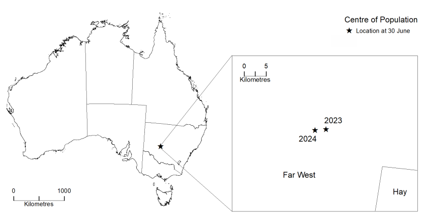 The image shows the location of Australia's centre of population on a map of Australia.